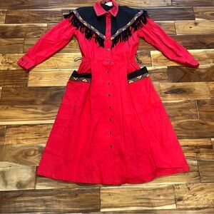 Vtg Choon Western Dress Womens Red Fringe Embroidered Cowgirl USA Button Pockets